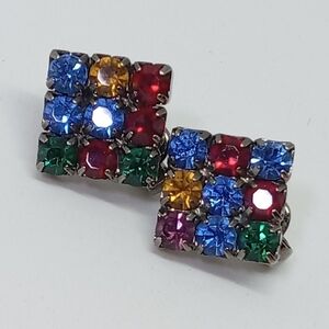 * vintage multi-color rhinestones square pave clip on earrings